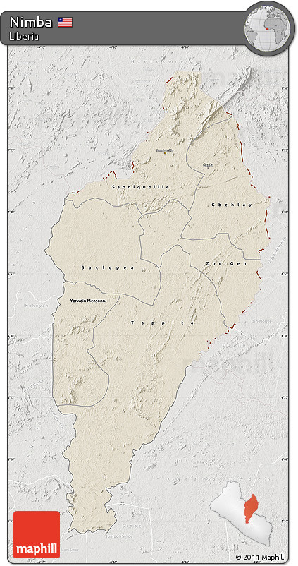 Shaded Relief Map of Nimba, lighten, semi-desaturated