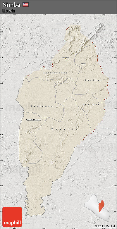 Shaded Relief Map of Nimba, lighten, semi-desaturated