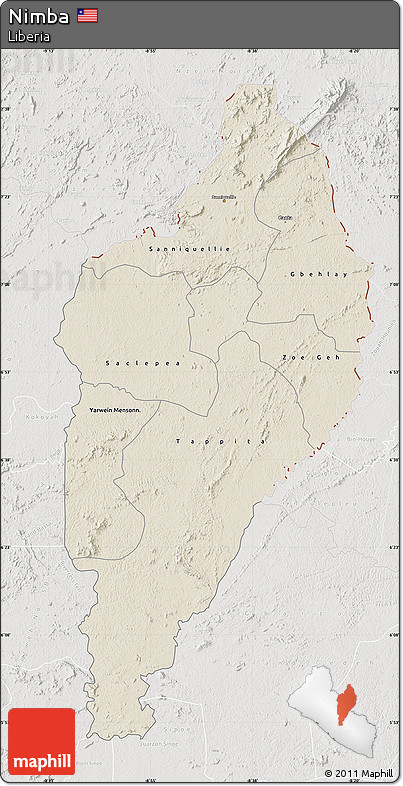 Shaded Relief Map of Nimba, lighten, semi-desaturated