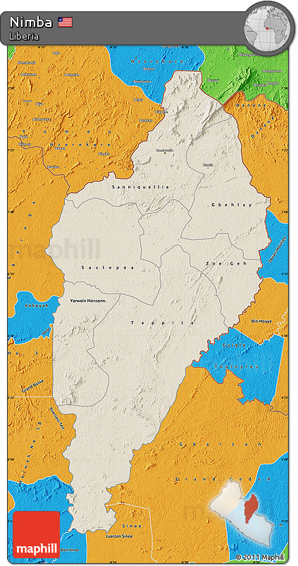 Shaded Relief Map of Nimba, political outside
