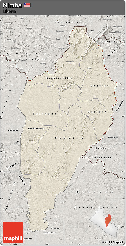Shaded Relief Map of Nimba, semi-desaturated