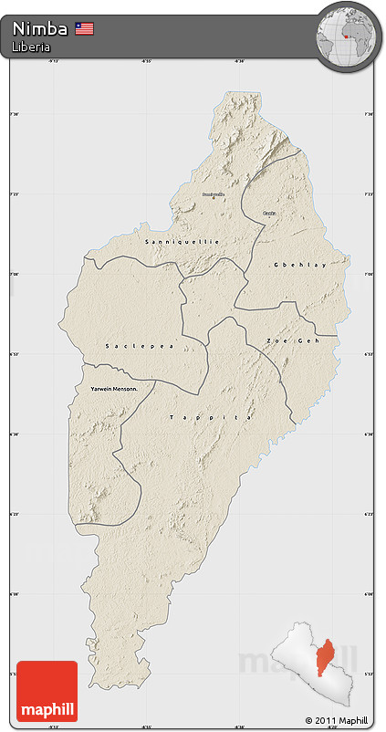 Shaded Relief Map of Nimba, single color outside
