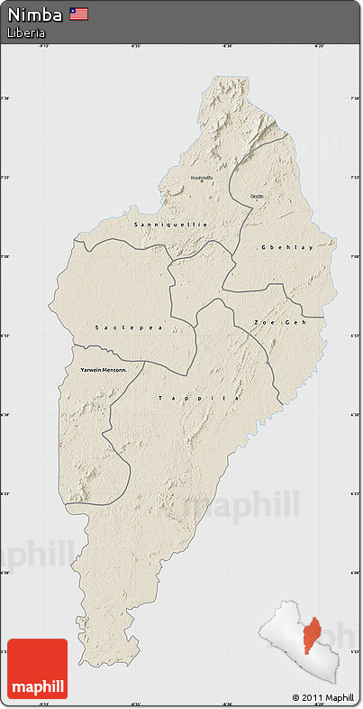 Shaded Relief Map of Nimba, single color outside