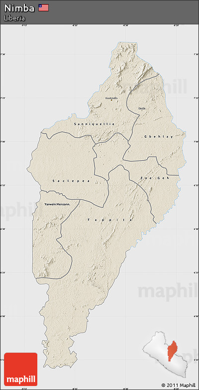 Shaded Relief Map of Nimba, single color outside
