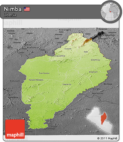 Physical Panoramic Map of Nimba, darken, desaturated