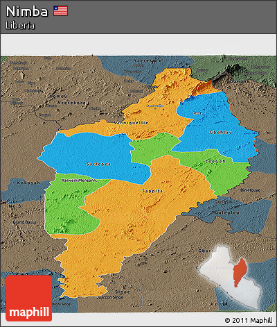 Political Panoramic Map of Nimba, darken, semi-desaturated