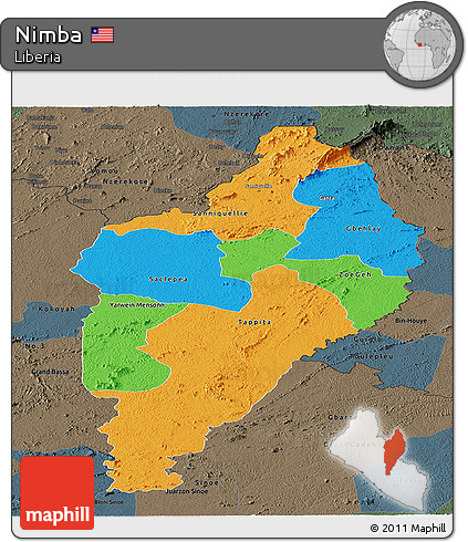 Political Panoramic Map of Nimba, darken, semi-desaturated