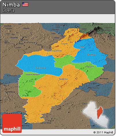 Political Panoramic Map of Nimba, darken, semi-desaturated