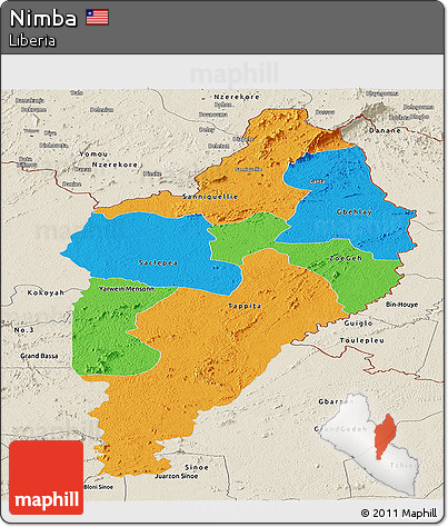 Political Panoramic Map of Nimba, shaded relief outside