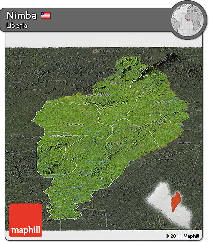 Satellite Panoramic Map of Nimba, darken, semi-desaturated