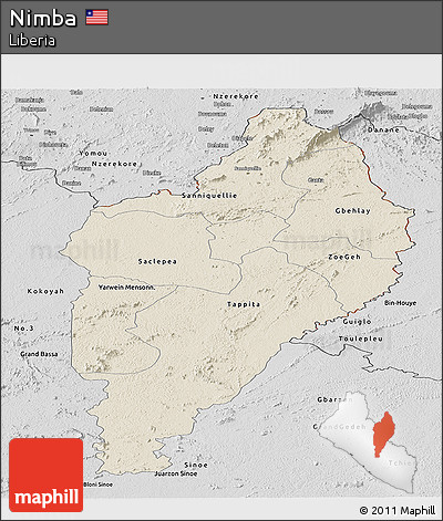 Shaded Relief Panoramic Map of Nimba, desaturated