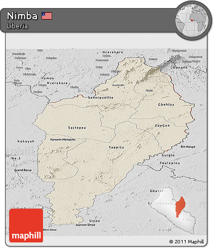 Shaded Relief Panoramic Map of Nimba, desaturated