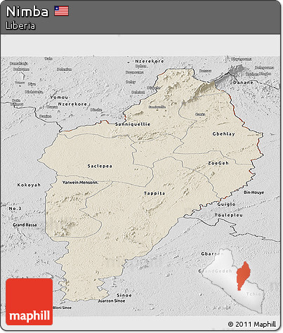Shaded Relief Panoramic Map of Nimba, desaturated