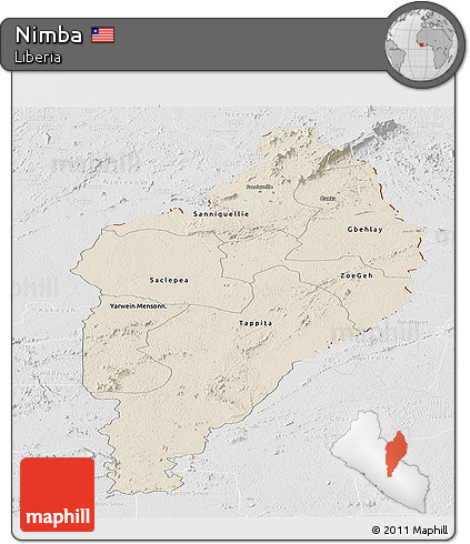 Shaded Relief Panoramic Map of Nimba, lighten, desaturated