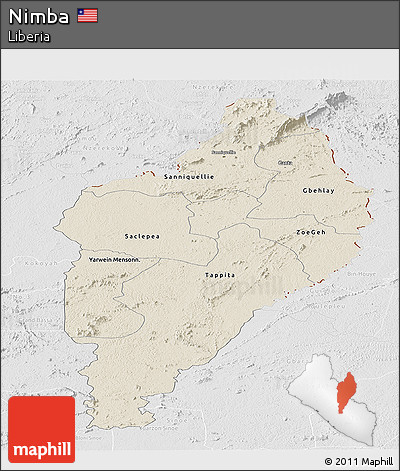 Shaded Relief Panoramic Map of Nimba, lighten, desaturated