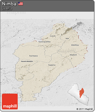 Shaded Relief Panoramic Map of Nimba, lighten, desaturated