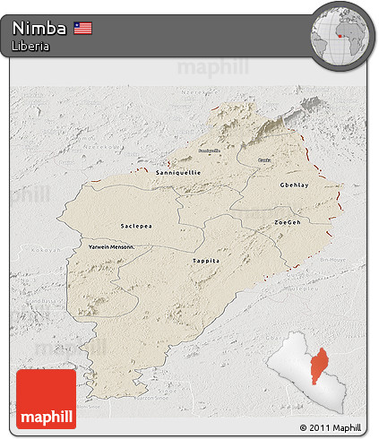 Shaded Relief Panoramic Map of Nimba, lighten, semi-desaturated
