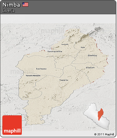 Shaded Relief Panoramic Map of Nimba, lighten, semi-desaturated
