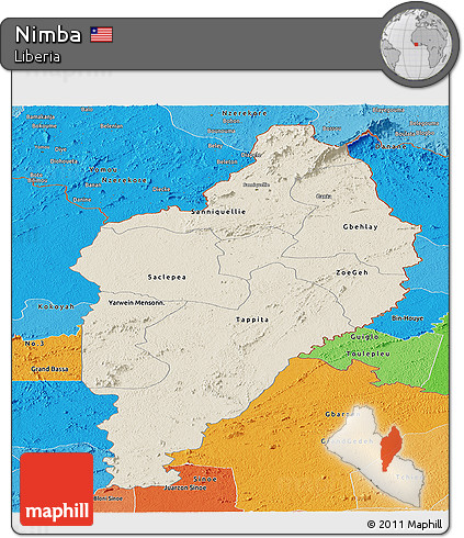 Shaded Relief Panoramic Map of Nimba, political shades outside