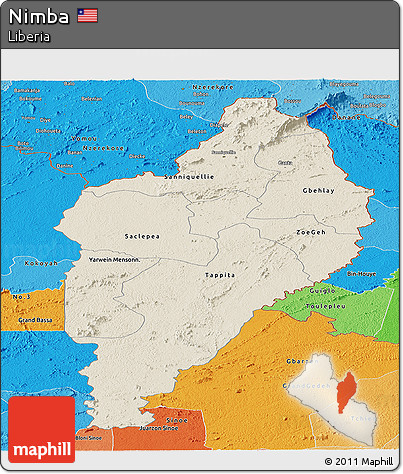 Shaded Relief Panoramic Map of Nimba, political shades outside