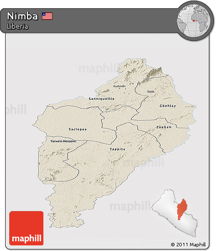 Shaded Relief Panoramic Map of Nimba, single color outside