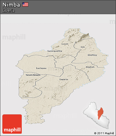 Shaded Relief Panoramic Map of Nimba, single color outside