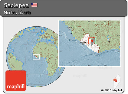 Savanna Style Location Map of Saclepea, highlighted country, highlighted parent region, within the entire country, hill shading