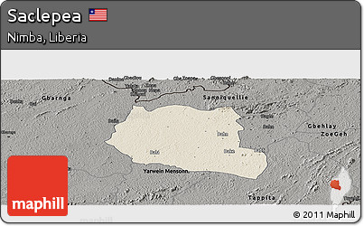 Shaded Relief Panoramic Map of Saclepea, darken, semi-desaturated