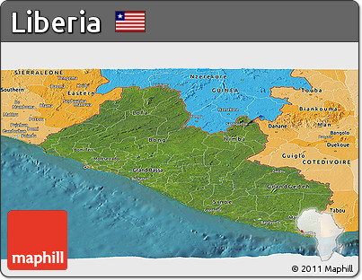 Satellite Panoramic Map of Liberia, political shades outside, satellite sea