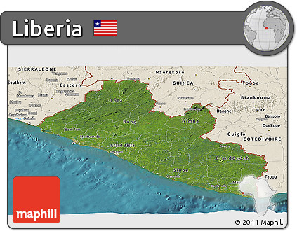 Satellite Panoramic Map of Liberia, shaded relief outside, satellite sea