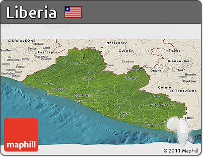 Satellite Panoramic Map of Liberia, shaded relief outside, satellite sea