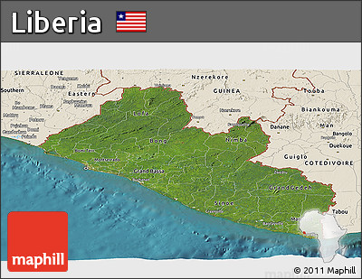 Satellite Panoramic Map of Liberia, shaded relief outside, satellite sea