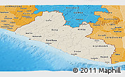 Shaded Relief Panoramic Map of Liberia, political shades outside, shaded relief sea