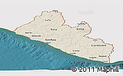 Shaded Relief Panoramic Map of Liberia, single color outside, satellite sea