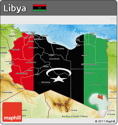 Flag 3D Map of Libya, physical outside, flag rotated