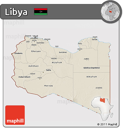 Shaded Relief 3D Map of Libya, cropped outside