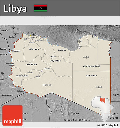 Shaded Relief 3D Map of Libya, darken, desaturated
