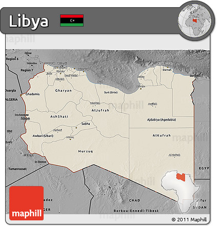 Shaded Relief 3D Map of Libya, darken, desaturated