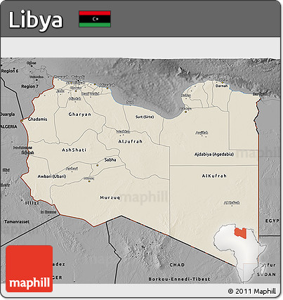 Shaded Relief 3D Map of Libya, darken, desaturated
