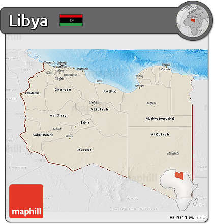 Shaded Relief 3D Map of Libya, lighten, desaturated, land only