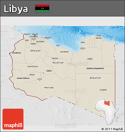 Shaded Relief 3D Map of Libya, lighten, desaturated, land only