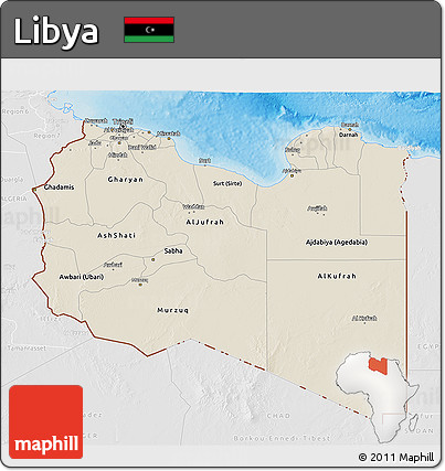 Shaded Relief 3D Map of Libya, lighten, desaturated, land only