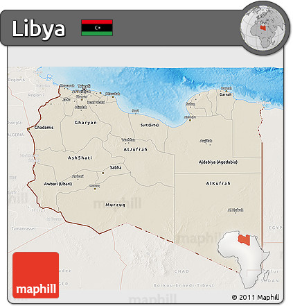 Shaded Relief 3D Map of Libya, lighten, land only