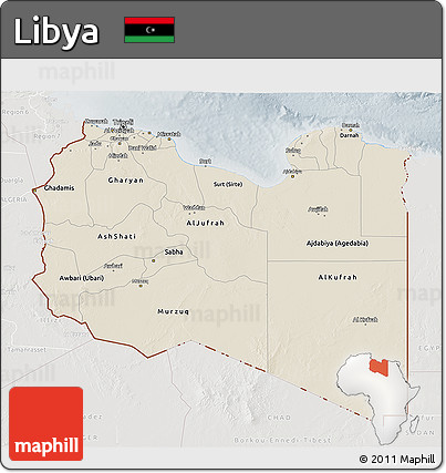 Shaded Relief 3D Map of Libya, lighten, semi-desaturated