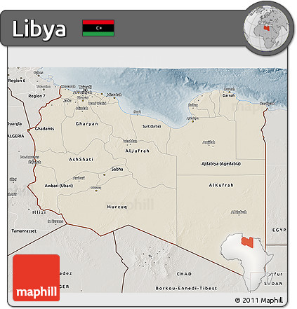 Shaded Relief 3D Map of Libya, semi-desaturated