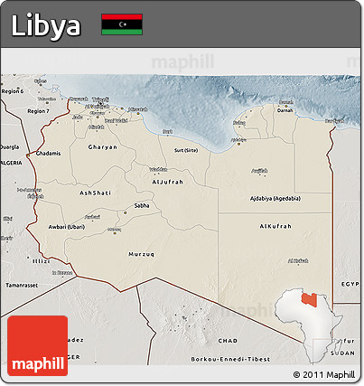 Shaded Relief 3D Map of Libya, semi-desaturated