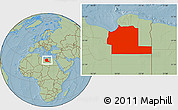 Savanna Style Location Map of Ajdabiya (Agedabia), hill shading