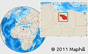 Shaded Relief Location Map of Al Jufrah, within the entire country