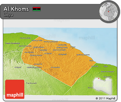 Political 3D Map of Al Khoms, physical outside