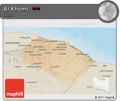 Satellite 3D Map of Al Khoms, shaded relief outside